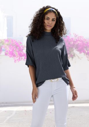 Lascana Kurzarmshirt LASCANA mit Stehkragen, Damen, Gr. 32/34, blau (navy), Cr&ecirc;pe, Obermaterial: 97% Polyester, 3% Elasthan, unifarben, l&auml;ssig geschnitten, Sh