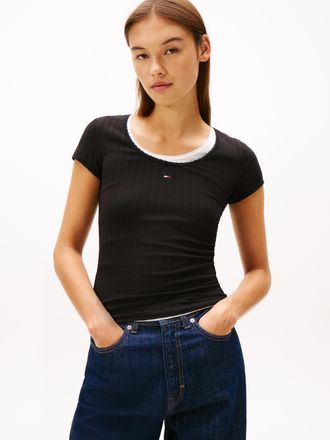 Tommy Jeans Kurzarmshirt TOMMY JEANS TJW SLIM IRREGULAR RIB SS, Damen, Gr. XL (42), schwarz, Single Jersey, Obermaterial: 95% Baumwolle, 5% Elasthan, unifarben, f