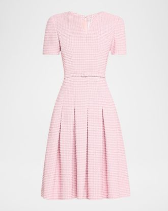 Oscar De La Renta Short-Sleeve Metallic Check Tweed Flare Dress With Belt