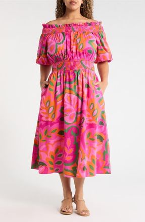 Sugarlips Magna Town Off the Shoulder Cotton Midi Dress in Pink-Multi at Nordstrom, Size 1X