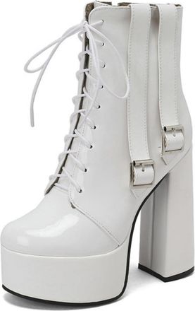 Generic Womens Lace Up Platform Ankle Boots Platform Chunky Heel Trendy Booties with Side Buckles,White,6.5 UK