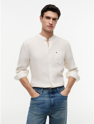 Tommy Hilfiger Mens Regular Fit Band Collar Linen Shirt - Beige - XXL