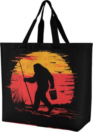 Generic Bigfoot Walking with Fishing Large Reusable Shopping Bag Lightweight Foldable Tote Bags Washable Shoulder Handbag