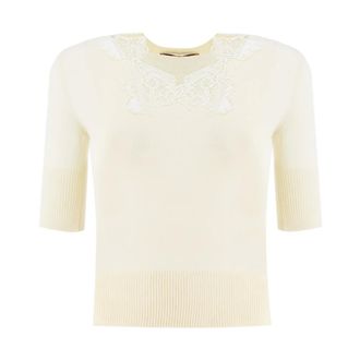 Ermanno Scervino Round-neck Knitwear, female, Beige, Size: S Floral Lace Crew-Neck Sweater