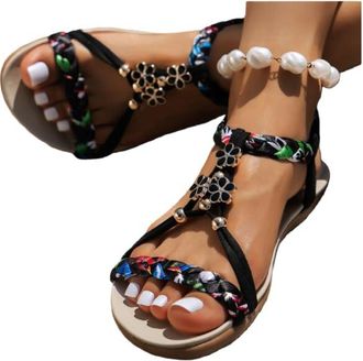 Generic Bohemian Beach Sandals for Women 2026,Platform Sandals Women Summer Dressy,Rhinestone Beaded Elastic Ankle Strap Flip Flops Open Toe Summer Beach Flat