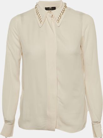 Elisabetta Franchi Beige Crepe Studded Collar Shirt