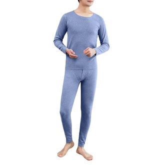 Generic Mens Pyjamas Set Long Sleeve Solid Color Cotton Rich Top Brushed Fleece Bottoms Top Warm Pants PJ Nightwear Loungewear Set Winter Gift for Men