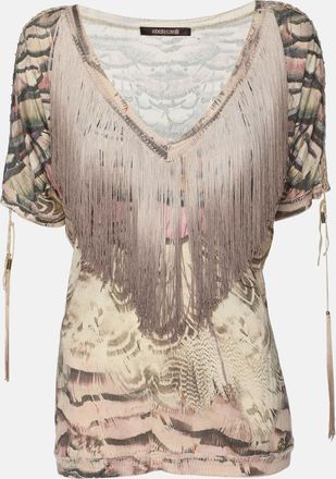 Roberto Cavalli Multicolor Printed Silk Fringed Neckline V-Neck Top