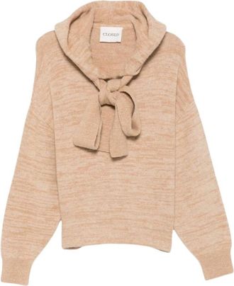 Closed Hoodie met strikdetail - Dames - Ronde hals truien - Beige - XS - Wol - Truien & Vesten