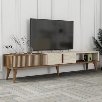 Dmora Mueble Tv Sicoli, 2 Puertas, Apertura Abatible, 3 Compartimentos, 180x35x40h Cm Beige M&aacute;rmol