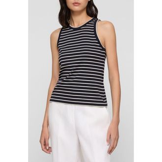 Lafayette 148 New York Stripe Rib Stretch Cotton Racerback Tank in Ink Multi at Nordstrom, Size Xx-Small