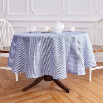 Solino Home Linen Round Tablecloth - Narrow Stripe in Navy And White at Nordstrom, Size Medium
