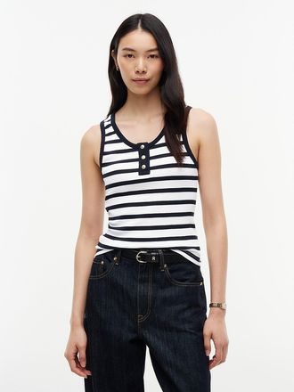Tommy Hilfiger Womens Slim Fit Striped Henley Tank Top - Optic White Combo - L