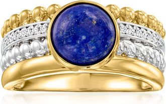 Ross-Simons Lapis and White Topaz Multi-Row Ring in Sterling Silver and 18kt Gold Over Sterling