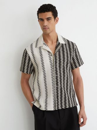 Reiss White & black Zig-zag Crochet Cuban Collar Shirt, Xxl