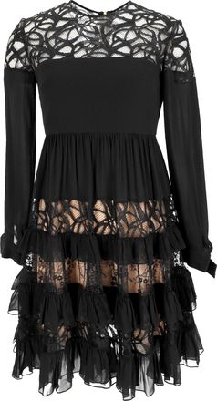 Elie Saab Lace-Trimmed Long Sleeve Mini Tiered Dress in Black Polyamide