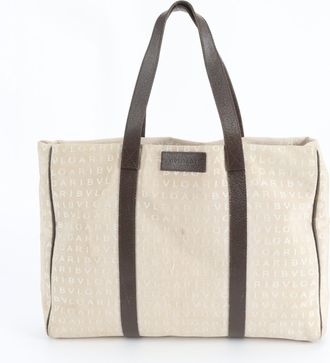 Bulgari Beige Leather Canvas Tote Bag (Pre-Owned)