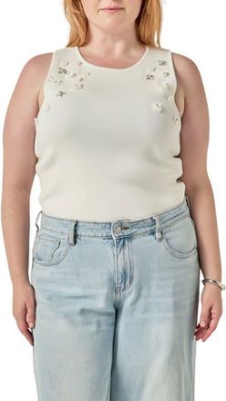 English Factory Sequin and Rhinestone Flower Tank in Off White at Nordstrom, Size 1X