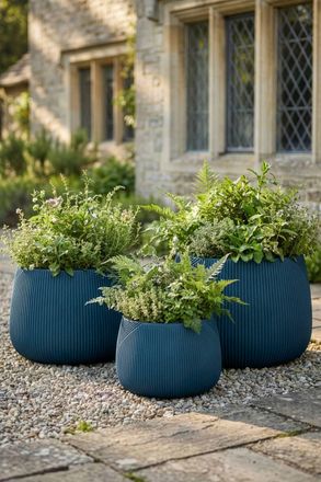 Dibor Set of 3 Blue Fibreclay Symmetry Stripe Summer Outdoor Garden Planters | Size: Large