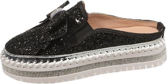 Generic Black Casual Half-Slip Rhinestone Bow Slip-On Shoes for Women Round Toe Thick Sole Comfortable