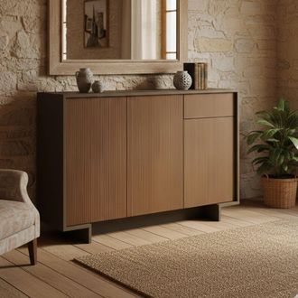 Dmora Aparador Aneto, Aparador De Sal&oacute;n, Buffet De Sal&oacute;n Con 3 Puertas Y 1 Caj&oacute;n, 100% Made In Italy, 134x35h87 Cm, Marr&oacute;n Y Nogal, Con Embalaje Reforzado -
