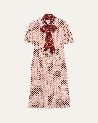 Prada Polka-Dot Silk Puff-Sleeve Midi Dress