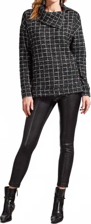Tribal Shiny Thread Split Neck Top With Zippered Collar In Black