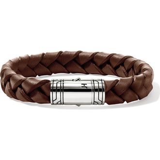 John Hardy Woven Leather Bracelet in Brown/Silver at Nordstrom, Size X-Large