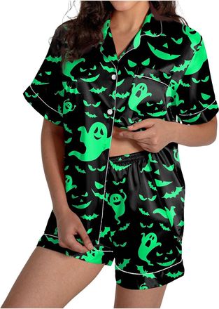 Generic Halloween Pajamas Set for Women Pumpkin Bat Print Short Sleeve Button Down Shirts Shorts Outfit 2 Piece Loose Fit Pyjama Set Comfy Soft Nightwear Loun