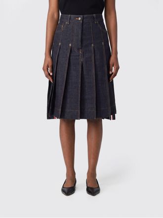 Thom Browne High-Waisted Pleated Denim Midi Skirt with Flag Logo