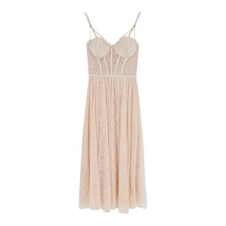 Elisabetta Franchi Party Dresses, female, Beige, Size: XS Floral-lace Midi Dress