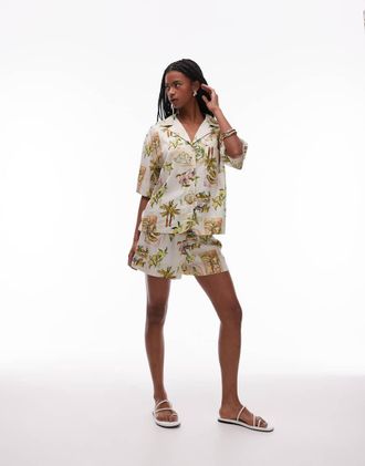 Topshop high rise drawstring linen shorts in multi print - part of a set