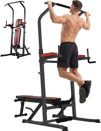 HOMCOM Estaci&oacute;n De Musculaci&oacute;n Torre De Entrenamiento Altura Ajustable Con Barra De Dominadas Y Banco Plegable Para Fitness En Casa Gimnasio 99x178x236 Cm