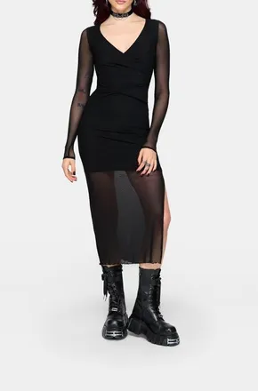 Disturbia Zillah Ruched Wrap Mesh Midi Dress in Black at Nordstrom, Size 16