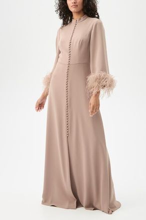 Trina Turk Montmarte Feathre Trim Maxi Dress in Boudoir Beige at Nordstrom, Size 12