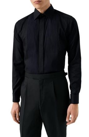 Eton Slim Fit Cotton Pliss&eacute; Tuxedo Shirt in Black at Nordstrom, Size 16.5