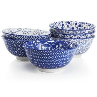 Elama Moxy 6 Piece Assorted Design 20oz Porcelain Footed Bowl Set in Blue at Nordstrom