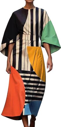 Generic Midi Dresses With Sleeves For Women Uk, A-Line Dress Abstract Print Abstract Art Dresses 3/4 Sleeve Sundress With Irregular Hem Dress Vintage Sundress