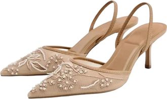 Generic Women Mesh High Heel Sandals Summer Luxury Pointed Toe Embroidered Bead Detail Dress Shoes Apricot