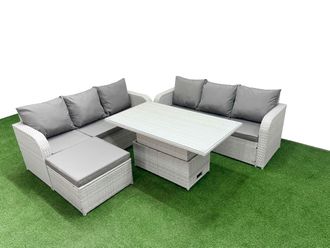 Fimous Outdoor Garden Furniture Sets 7 Seater Wicker Rattan Furniture Sofa Sets w/ Adjustable Lifting Dining or Coffee Table high Back Lounge Sofa