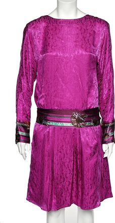 Roberto Cavalli Purple Silk Contrast Waist Tie Detail Dress