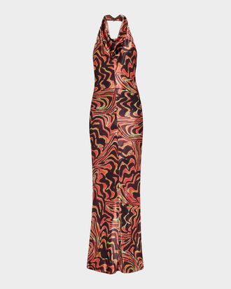 Christopher John Rogers Wavy-Print Satin Cowl-Neck Halter Gown