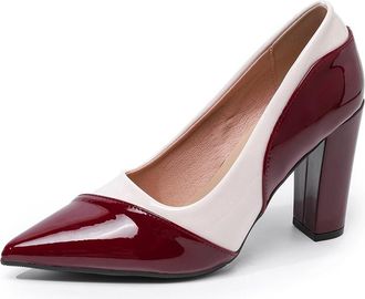 Generic Womens Fashion Colorblock Pointed Toe High Block Heel Pumps Shoes Slip On for Party Work Office (Wine Red,5.5)