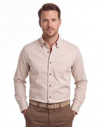 Led&ucirc;b Overhemd Ledub beige Modern Fit katoen met borstzak button-down