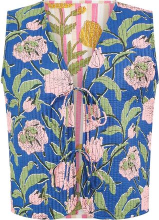 Yumi Navy Flower Reversible Cotton Quilted Waistcoat (UK, Numeric, 8, Regular, Regular, Navy)