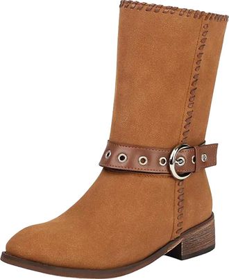 Generic Womens Casual Mid Calf Boots Round Toe Med Block Heel Slip On With Platform And Decorative Metal Buckles Daily Wear