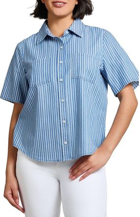 Jones New York Stripe Short Sleeve Chambray Button-Up Shirt in Medium Indigo/White at Nordstrom, Size Small