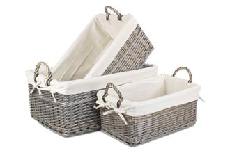 Red Hamper Wicker Shallow Lined Antique Wash Storage Basket Set of 3 in White