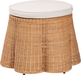 Baxton Studio Palm Scallop Rattan Ottoman With Cushion