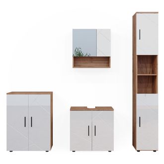 Vicco Conjunto De Muebles De Ba&ntilde;o Irma, Blanco Brillo Intenso/roble Dorado, 4 Piezas, Con Armario Alto Y Cajonera, Vicco